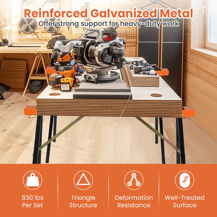 Goplus Saw Horses 2 Pack | Portable Heavy-Duty Galvanized Metal Power Tool Stand