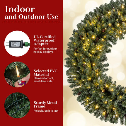 Goplus 60 Inch Large Pre-Lit Christmas Wreath with 24 Pine Cones