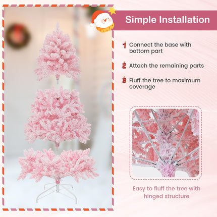Goplus 6FT Pink Pre-lit Christmas Tree, Hinged Snow Flocked Artificial Xmas Tree, Seasonal Holiday Decoration for Office Home