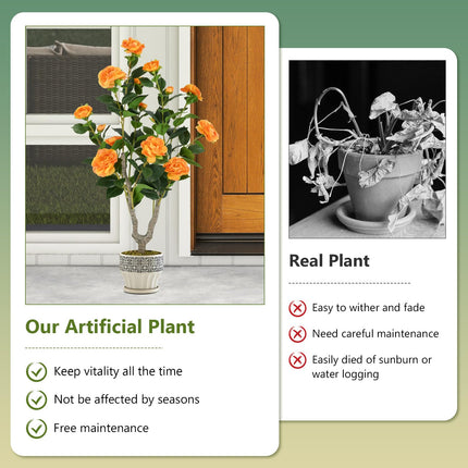 Goplus 36’’ Artificial Camellia Tree Faux Floral Plant Blooming Tree in Nursery Pot