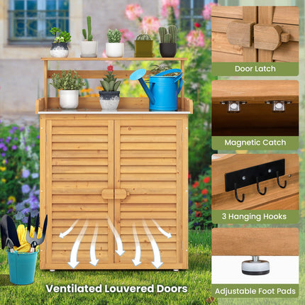 Goplus Outdoor Potting Bench Table, Gardening Table w/Storage Cabinet, Galvanized Metal Tabletop