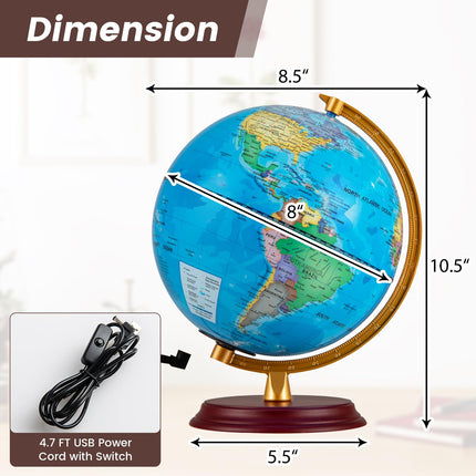Goplus 8'' Illuminated World Globe w/Wooden Stand & HD Map for Kids Adults
