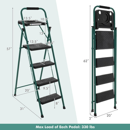 Goplus Folding Step Ladder, 4-Step Ladder w/Tool Tray, Non-Slip Footpads & Pedals