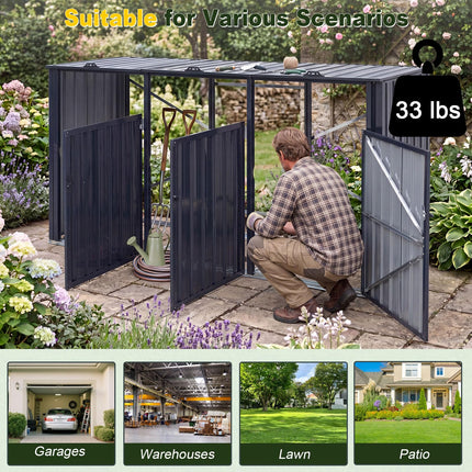 Goplus 7.8 x 2.6 FT Outdoor Trash Can Storage 3-Bin Metal Garbage Shed