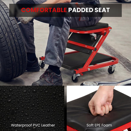 Goplus 2-in-1 Z-Shaped Rolling Garage Stool with Padded Seat & 6 Swivel Casters
