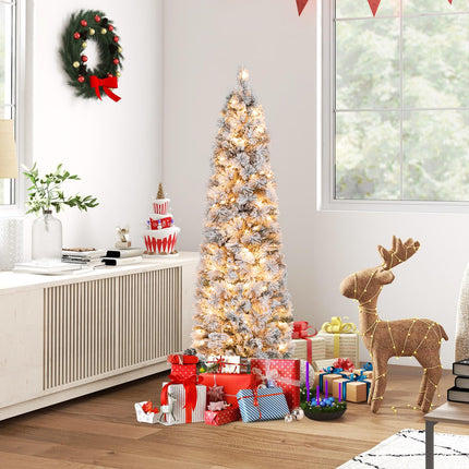 Goplus 4.5ft / 6ft / 7ft Pre-Lit Snow Flocked Pencil Christmas Tree for Home Office Holiday Decor