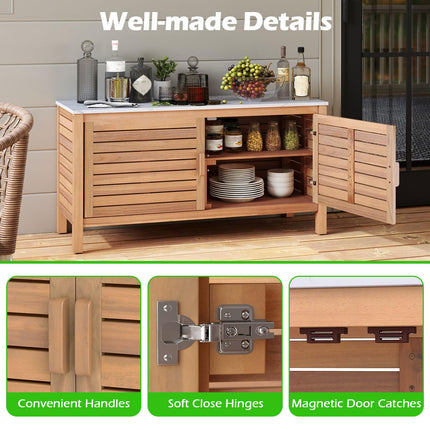 Goplus Patio 2-Door Acacia Wood Storage Cabinet with Faux Marble Top