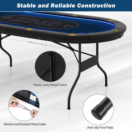 Goplus 84" Foldable Poker Table with LED Lights 10 Players Card Board Game Table