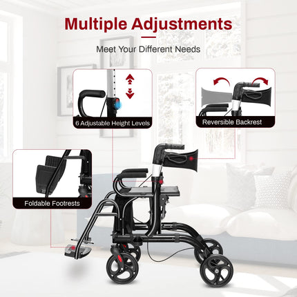 Goplus 2 in 1 Rollator Walker for Seniors Transport Wheelchair Rollator with 8" Wheels