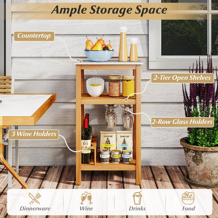Goplus 3-Tier Acacia Wood Outdoor Kitchen Organizer with Glass & Wine Holders