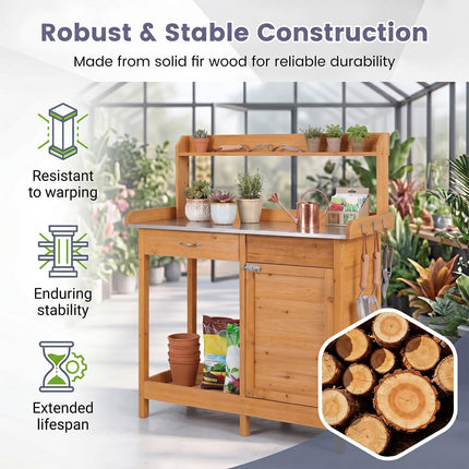 Goplus Garden Potting Bench Table with Stainless Steel Tabletop (44" x 18" x 49")