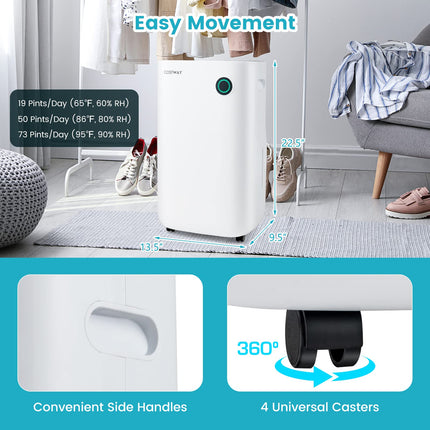 4500 Sq. Ft Quiet Dehumidifier, 1.7 Gallon Water Tank, 73-Pint/Day, Water Full Auto Shut Off