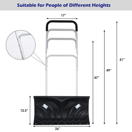 Goplus Rolling Snow Pusher Shovel, Handle Adjustable Snow Removal Tool, Manual Push Plow with 6-inch Wheels for Walkways - GoplusUS