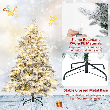 Goplus Pre-Lit Snow Flocked Christmas Tree, Artificial Hinged Xmas Tree with Branch Tips, PE & PVC Mixed Leaves