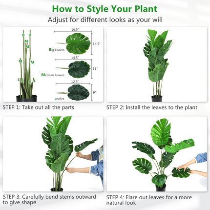 Goplus Artificial Monstera Deliciosa Plant, 4ft Tall Fake Tropical Palm Tree w/10 Pcs Different Turtle Leaves - GoplusUS