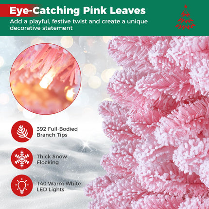 Goplus 6 FT/7 FT Pink Flocked Pre-Lit Pencil Christmas Tree | Slim Decoration Tree for Home Office