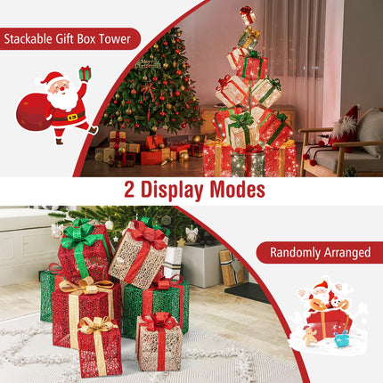 Goplus Lighted Boxes Tower, 15 Pieces Stackable Pre-lit Xmas Present Boxes w/ 450 Warm White Lights