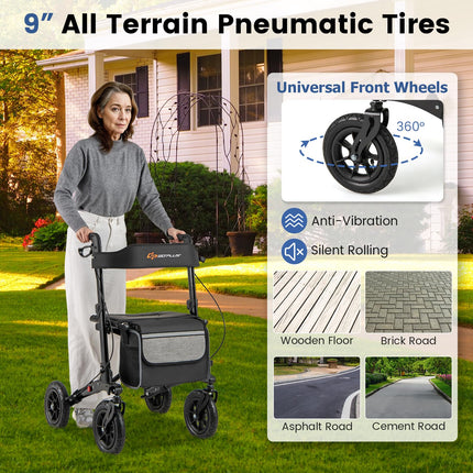 Goplus 2 in 1 Folding Rolling Rollator Walker with 9" Pneumatic Tires for All Terrain