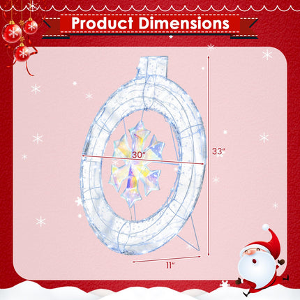 Goplus 33” Lighted Ornament with Snowflake, Pre-Lit Christmas Wreath with 128 Cold White LED Lights