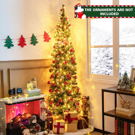 Goplus 7ft Prelit Half-Shape Christmas Tree, Space-Saving Slender Artificial Xmas Tree with 150 LED Lights - GoplusUS