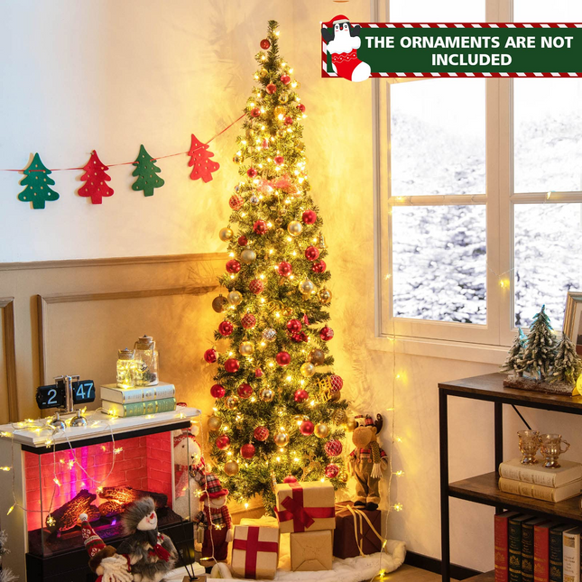 Goplus 7ft Prelit Half-Shape Christmas Tree, Space-Saving Slender Artificial Xmas Tree with 150 LED Lights - GoplusUS