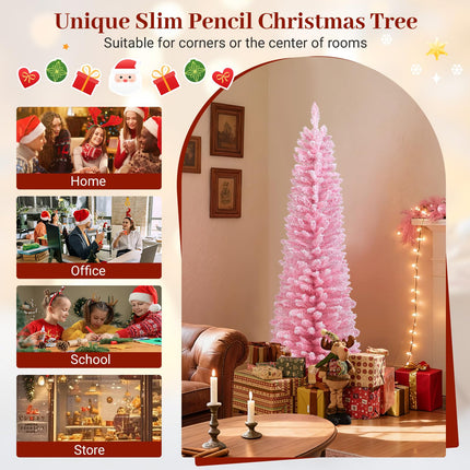 Goplus Pink Slim Pencil Christmas Tree | Artificial Unlit Skinny Xmas Full Tree for Seasonal Decor