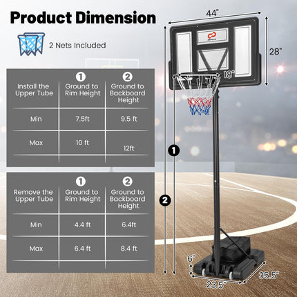 Goplus 4.4-10 FT Adjustable Portable Basketball Hoop w/44‘’ Shatterproof Backboard