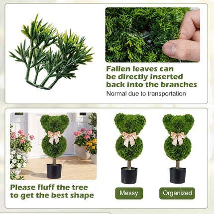 Goplus 2 Pcs Bear Topiary Trees with Pots 24.5" Sun-Resistant Bear-Shaped Faux Boxwood Plants