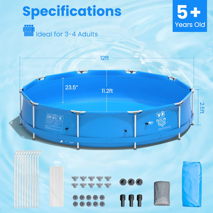 Above Ground Swimming Pool, 12ft x 12ft x 30inch Outdoor Steel Frame Pool - GoplusUS