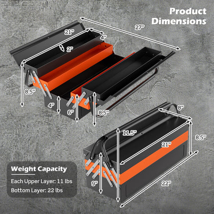 Goplus 22-Inch Metal Tool Box, 3-Layer 5-Tray Portable Folding Tool Chest Organizer with Handle & Lock Hole - GoplusUS