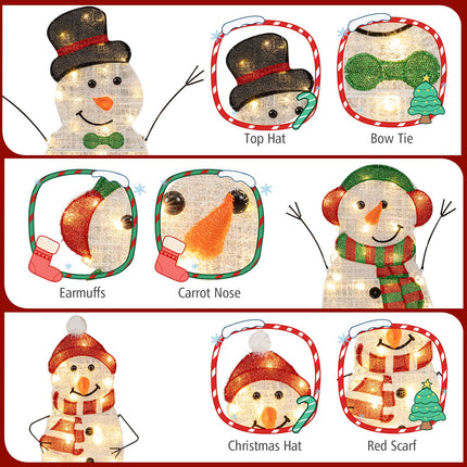 Goplus 3 Pcs Christmas Snowman Decorations, Pre-lit 2D Outdoor Snowman Family with Warm White Lights