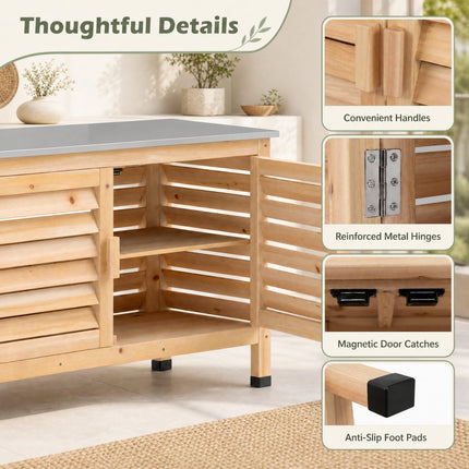 Goplus Patio Storage Cabinet | Fir Wood Sideboard with Stainless Steel Countertop
