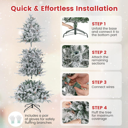 6ft Pre-Lit Snow Flocked Christmas Tree Artificial Hinged Xmas Tree with 210 Warm-White Incandescent Lights