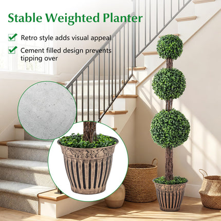 Goplus 4 FT Artificial Triple Ball Boxwood Tree w/Cement-Filled Retro Planter & Real Vines (1/2 Pack)