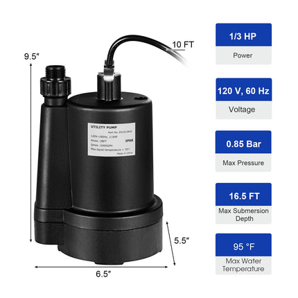 Goplus Submersible Water Pump, 1/3HP 2400GPH Sump Pump w/ 10 FT Cord & Inlet Screen - GoplusUS