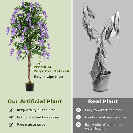 Goplus 6FT Ficus Artificial Tree Faux Wisteria Tree in Nursery Pot with Purple Lifelike Flowers