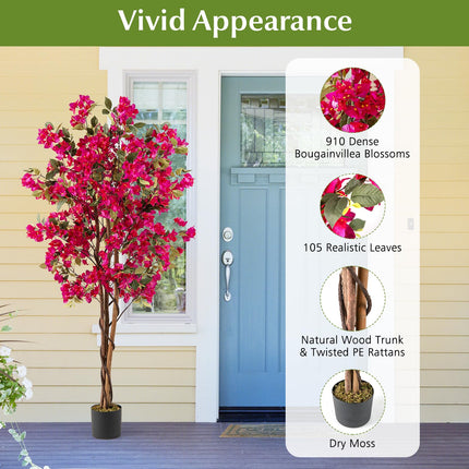 Goplus 6 FT Artificial Bougainvillea Tree w/910 Flowers | 105 Leaves | Real Wood Trunk