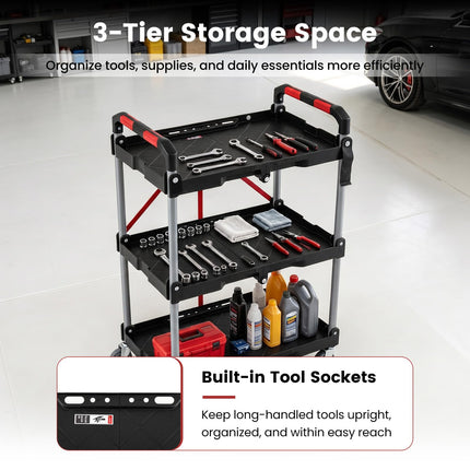 Goplus 3-Tier Folding Utility Cart w/Swivel Wheels | Tool-Free Assembly 200 lbs Capacity