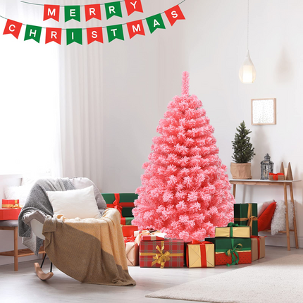 Goplus 4.5ft Pink Artificial Christmas Tree, Unlit Hinged Snow Flocked Xmas Tree w/ 348 PVC Branch Tips & Metal Stand - GoplusUS