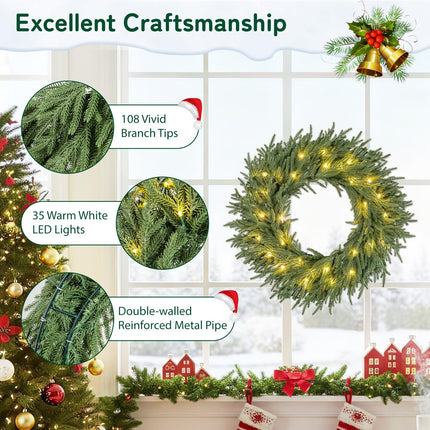 Goplus 24 Inch Pre-Lit Christmas Wreath, Battery Operated Lighted Artificial Winter Xmas Wreaths for Front Door with 35 LED Lights