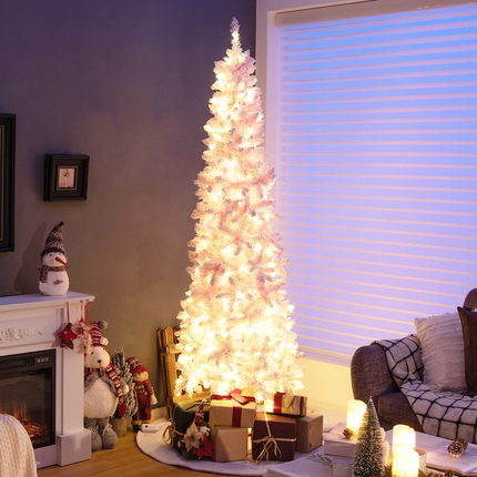 Goplus 7ft Pre-Lit Pencil Christmas Tree, Snow Flocked Artificial Slim Tree with 800 Branch Tips - GoplusUS