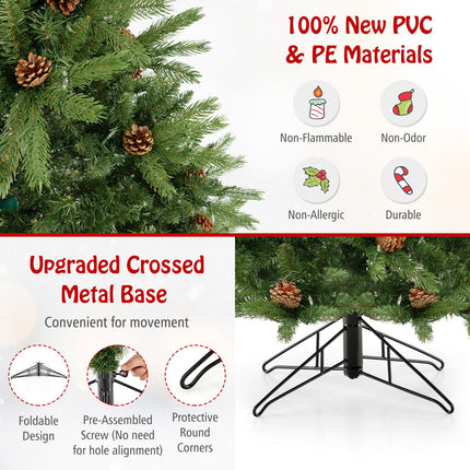 Goplus 3-Minute-Setup Pre-Lit Artificial Christmas Tree, 7ft Hinged Xmas Tree with 360 Quick Power Connector
