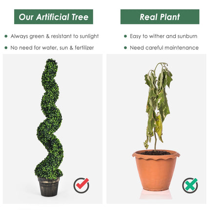 4FT Artificial Spiral Boxwood Topiary Tree Set of 2, Faux Decorative Plants in Cement-Filled Plastic Pot - GoplusUS