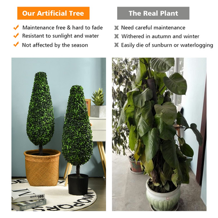 Goplus 3ft Artificial Boxwood Tower Topiary Trees, 2 Pack Faux Decorative Plants in Cement-Filled Plastic Pot - GoplusUS