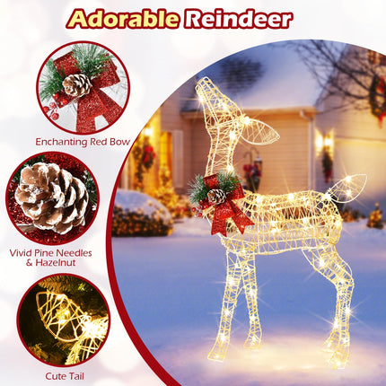 Goplus Christmas Pre-Lit Reindeer, Lighted Baby Deer w/ 50 Warm White LED Lights & Red Bow