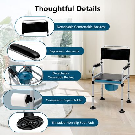 Goplus 4-in-1 Bedside Commode, Folding Toilet Bedside Shower Chair with Detachable Bucket - GoplusUS