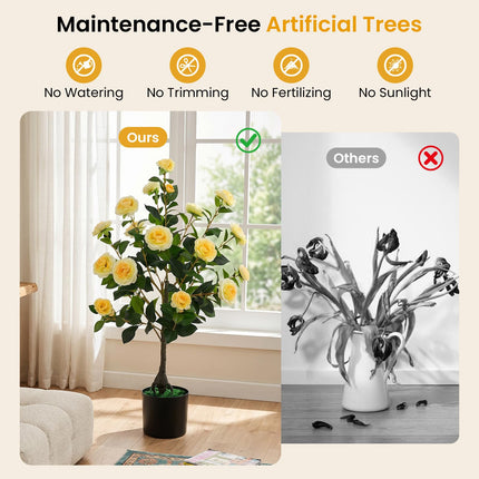Goplus 35.5" Artificial Camellia Tree Faux Floral Plant Blooming Tree in Cement Pot (1/2 Pack)