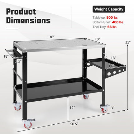 Goplus 36” x 18” Rolling Welding Table, 1200 lbs Welding Workbench on Wheels w/Tool Rack & Tray