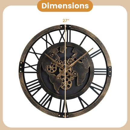 Goplus 27" Gear Clock with World Map Non-Ticking Decorative Metal Clock with Moving Gears