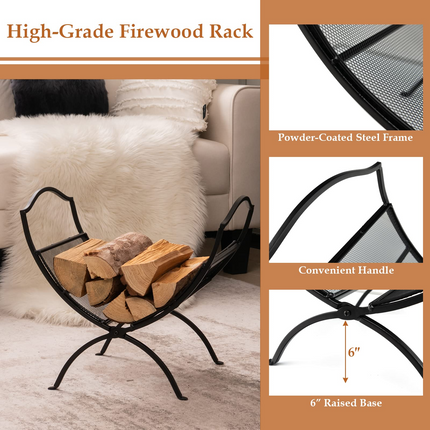 Goplus 19 Folding Firewood Rack, Portable Fireplace Log Rack w/ Convenient Handle, Heavy-Duty Steel Frame - GoplusUS